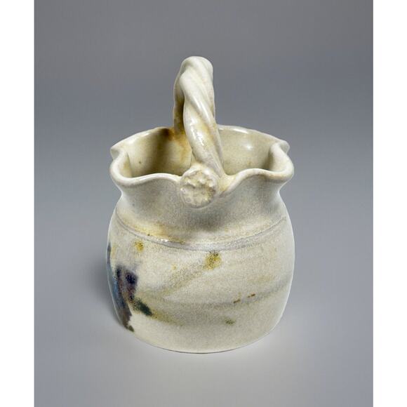 Studio Pottery Miniature Vase Basket Braided Handle 3" Folk Art Ruffled Rustic - Picture 4 of 6